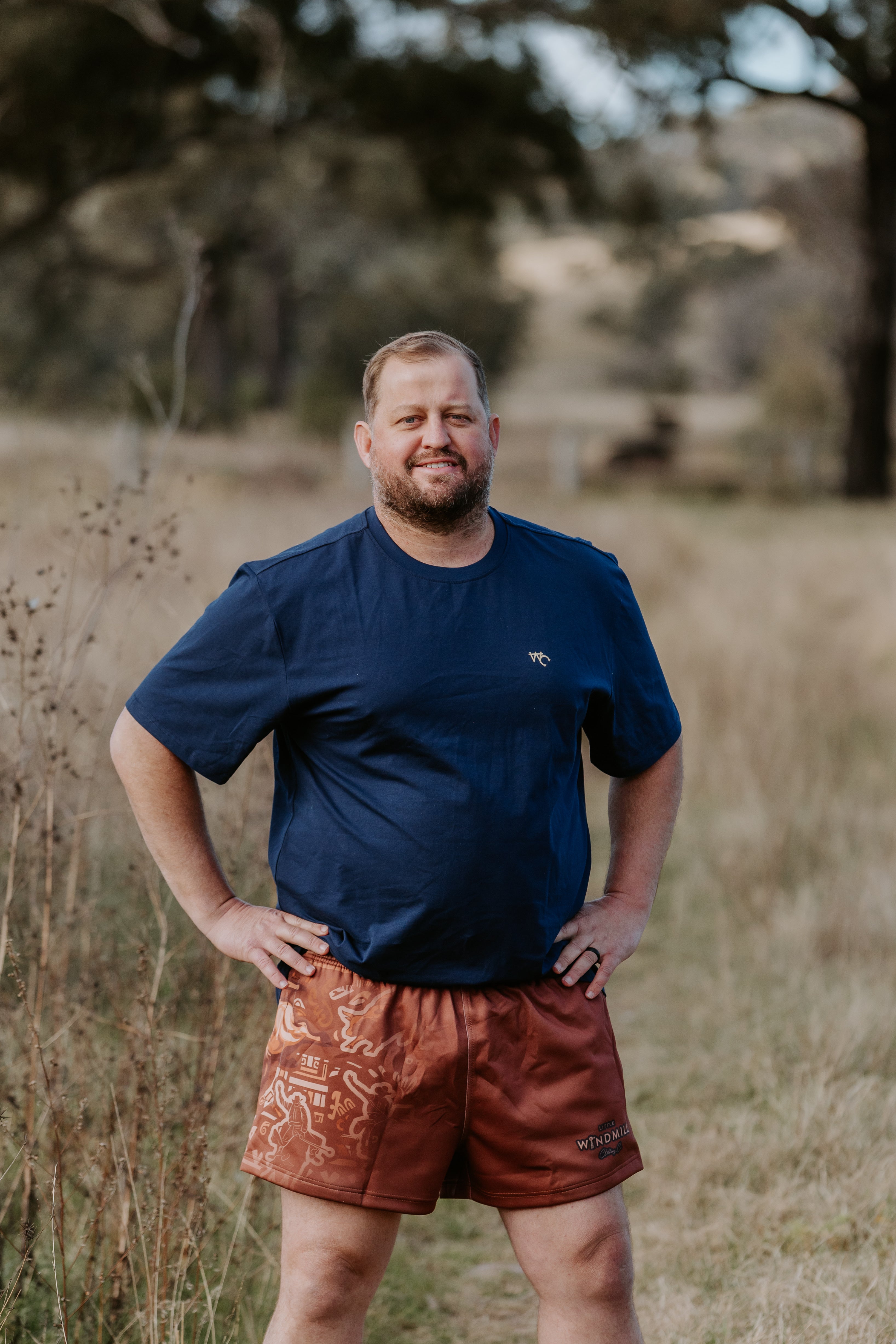 Dust scene bull men's footy shorts worn showing casual country outback style