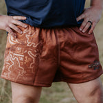 Dust scene bull footy shorts side view showing comfortable relaxed fit
