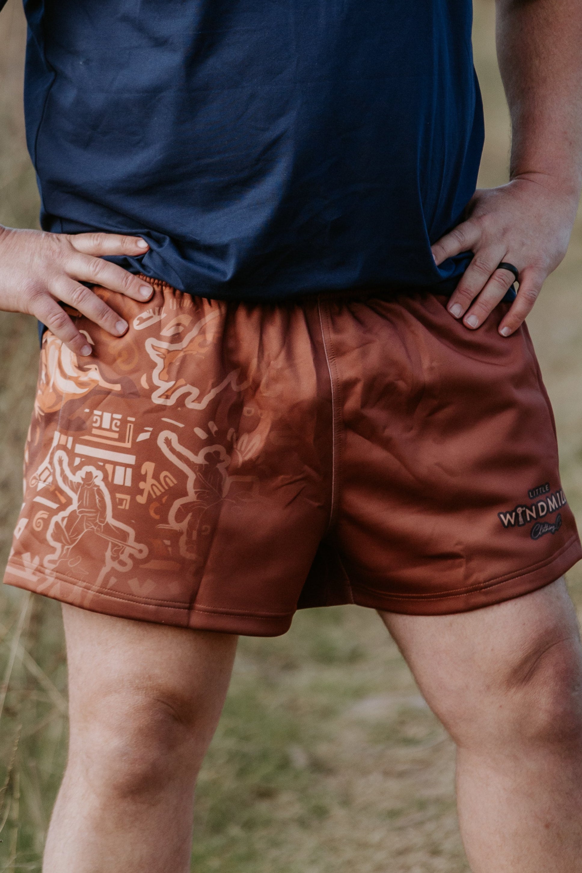 Dust scene bull footy shorts side view showing comfortable relaxed fit