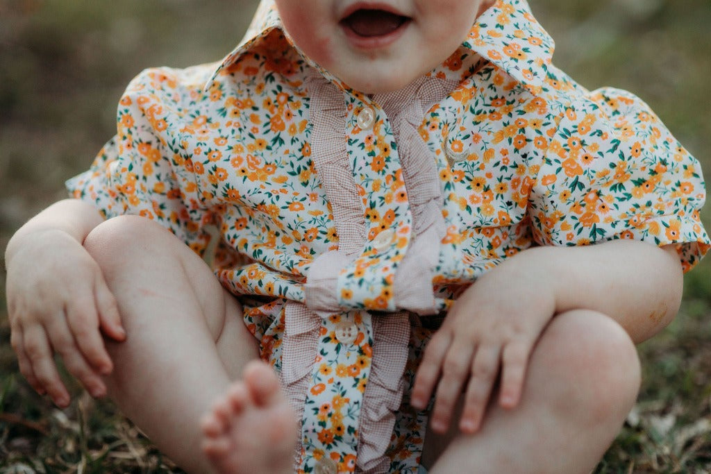 "Louise" Lemon Flowers Short Sleeve Romper-Little Windmill Clothing Co