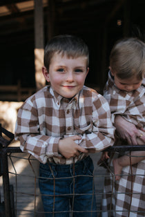 Kids brown gingham long sleeve western shirt with mini gingham collar and bull head embroidery