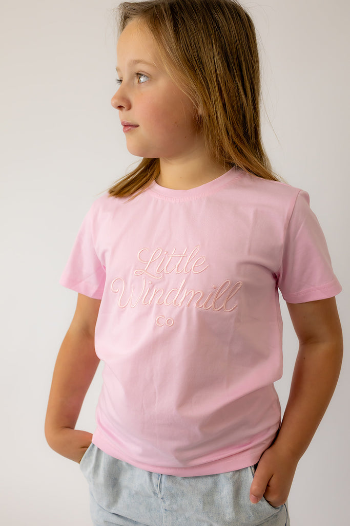 LIMITED EDITION Embroidered Tee - Kids - SOFT PINK-Little Windmill Clothing Co