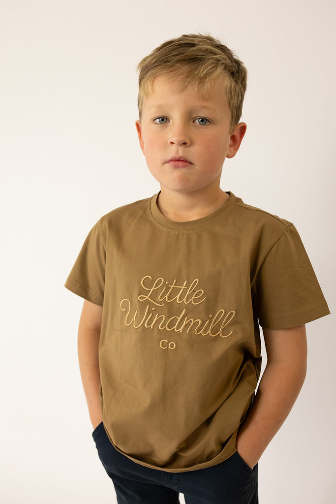 LIMITED EDITION Embroidered Tee - Kids - DUST BROWN-Little Windmill Clothing Co