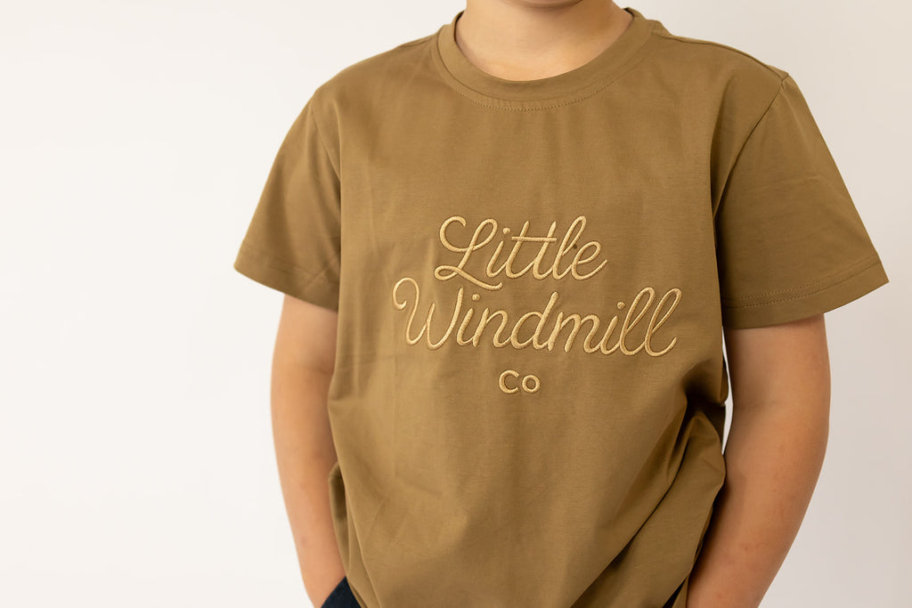 LIMITED EDITION Embroidered Tee - Kids - DUST BROWN-Little Windmill Clothing Co