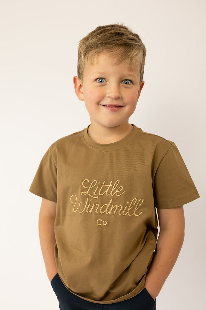 LIMITED EDITION Embroidered Tee - Kids - DUST BROWN-Little Windmill Clothing Co