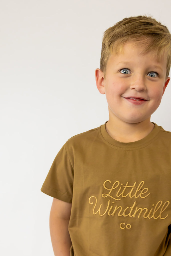 LIMITED EDITION Embroidered Tee - Kids - DUST BROWN-Little Windmill Clothing Co