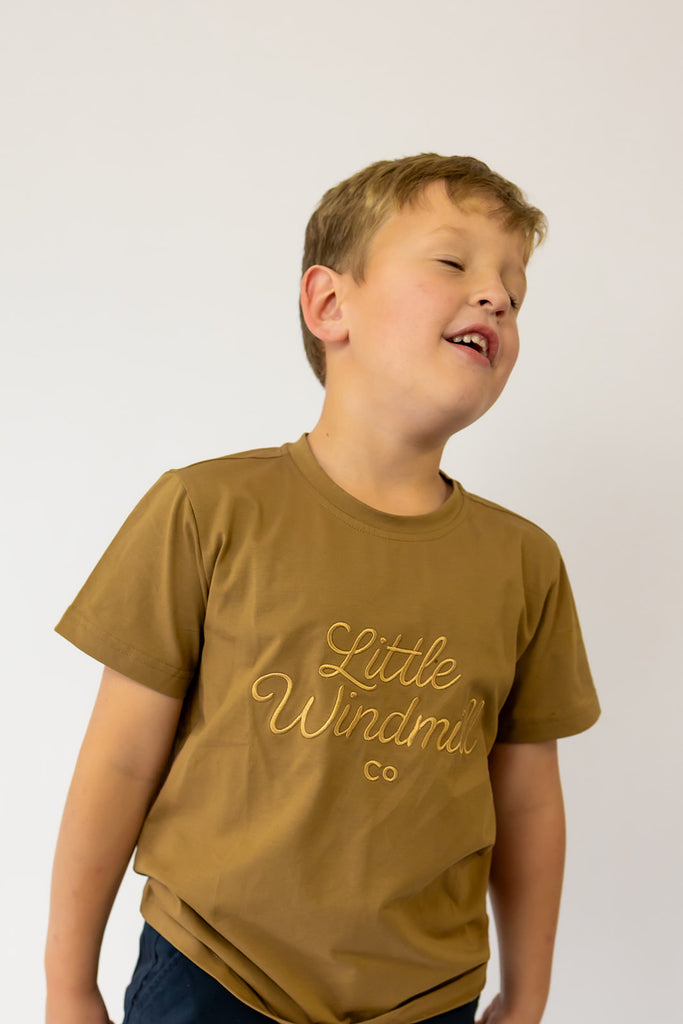 LIMITED EDITION Embroidered Tee - Kids - DUST BROWN-Little Windmill Clothing Co