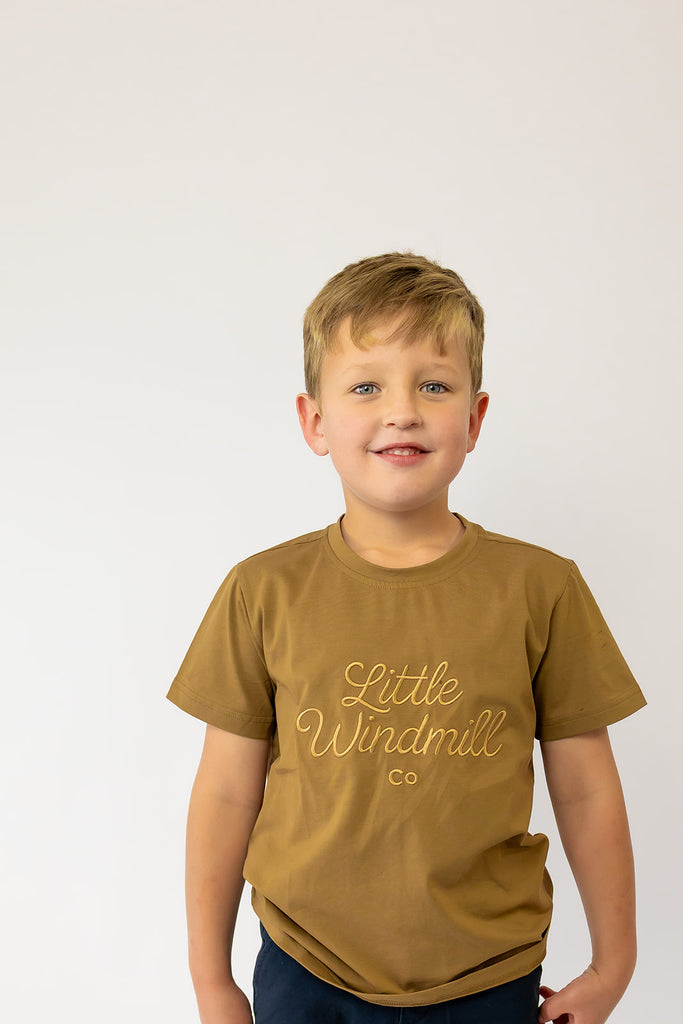 LIMITED EDITION Embroidered Tee - Kids - DUST BROWN-Little Windmill Clothing Co