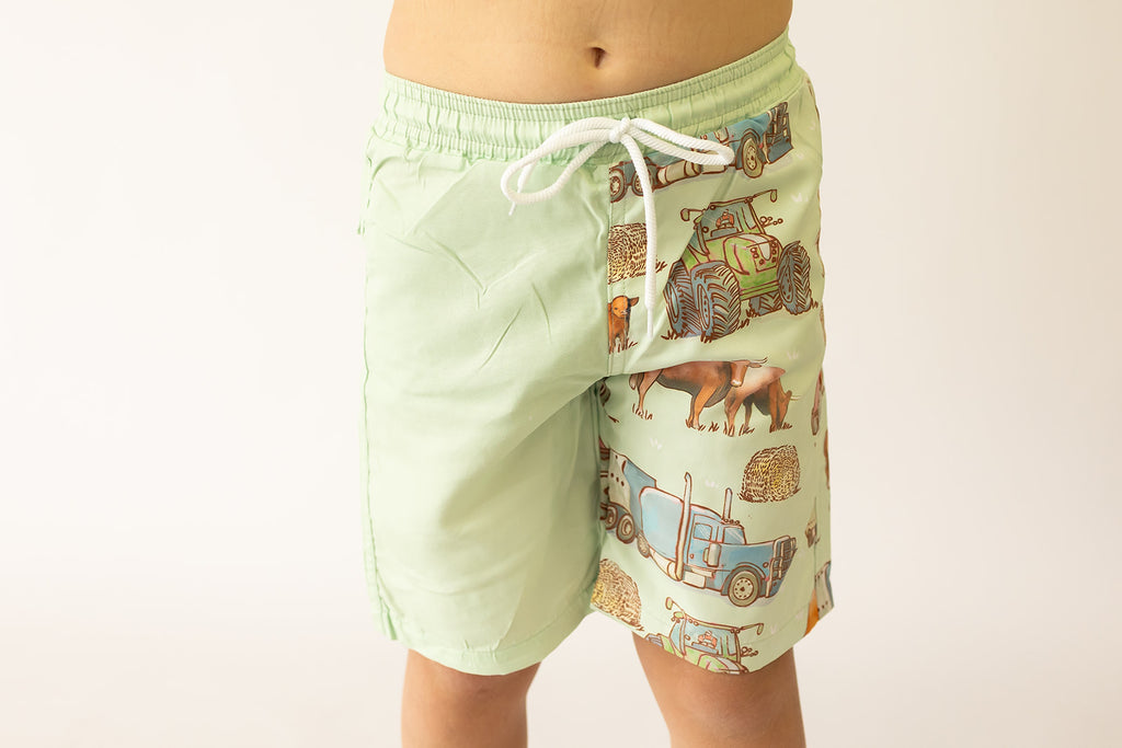 Light green shorts with animal print on a plain background