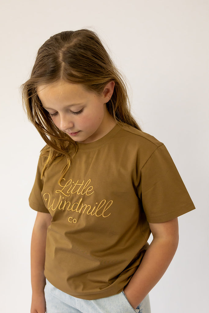 LIMITED EDITION Embroidered Tee - Kids - DUST BROWN-Little Windmill Clothing Co