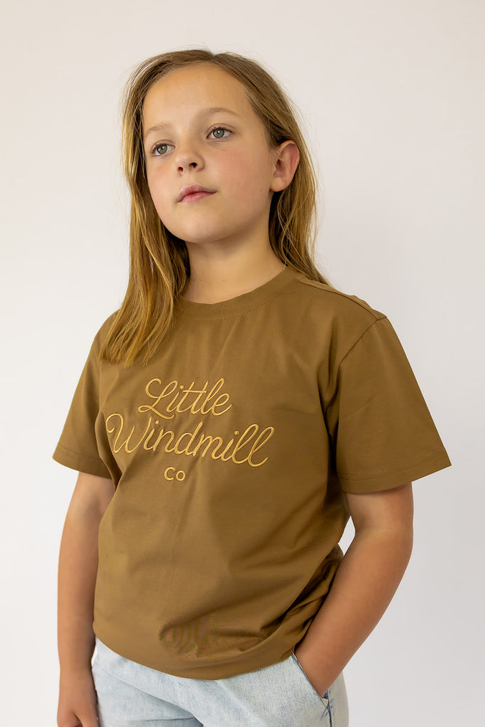 LIMITED EDITION Embroidered Tee - Kids - DUST BROWN-Little Windmill Clothing Co