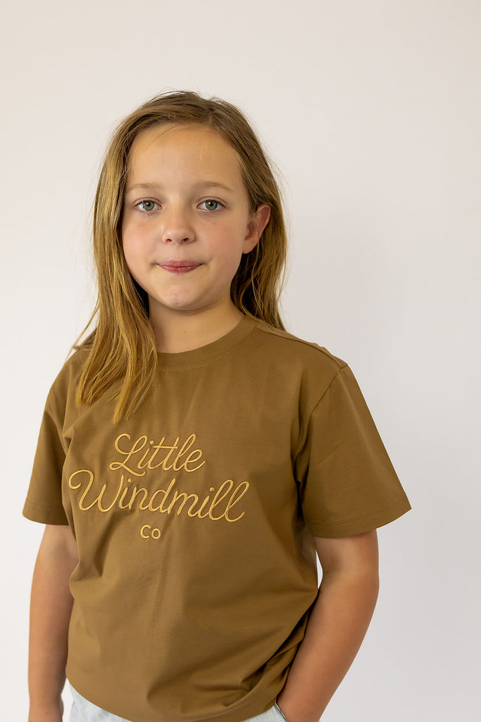 LIMITED EDITION Embroidered Tee - Kids - DUST BROWN-Little Windmill Clothing Co