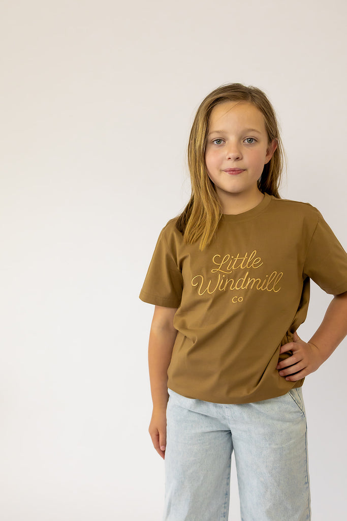 LIMITED EDITION Embroidered Tee - Kids - DUST BROWN-Little Windmill Clothing Co