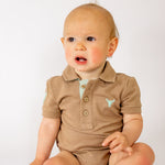 "Clay Baby" Caramel Baby Polo Romper-Little Windmill Clothing Co