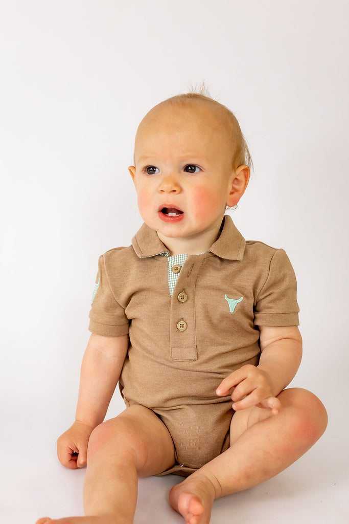 "Clay Baby" Caramel Baby Polo Romper-Little Windmill Clothing Co