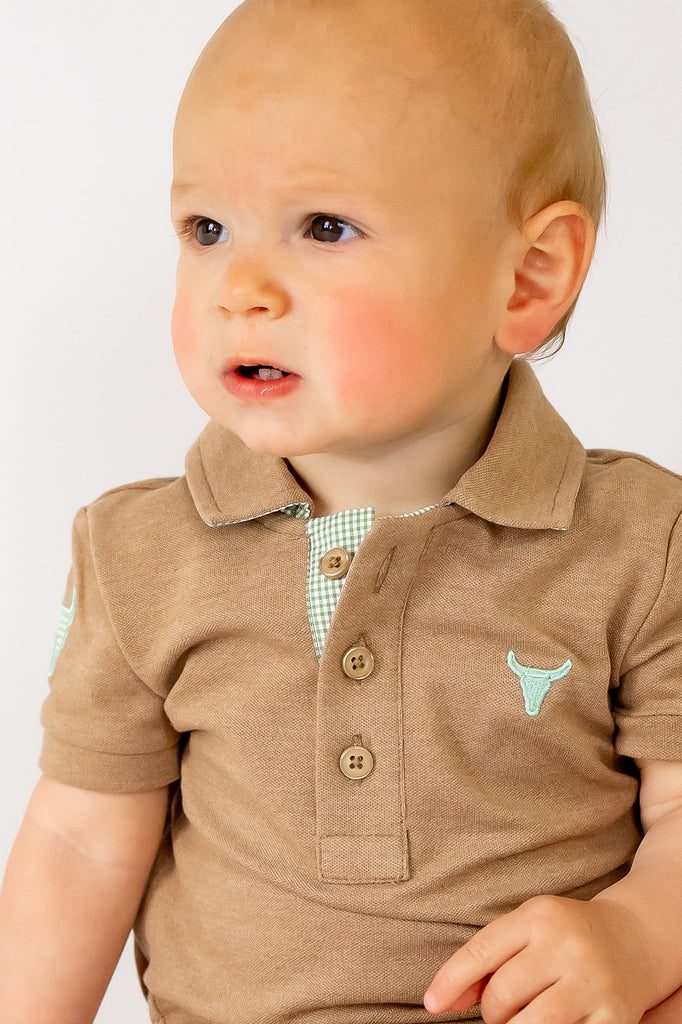 "Clay Baby" Caramel Baby Polo Romper-Little Windmill Clothing Co