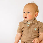 "Clay Baby" Caramel Baby Polo Romper-Little Windmill Clothing Co