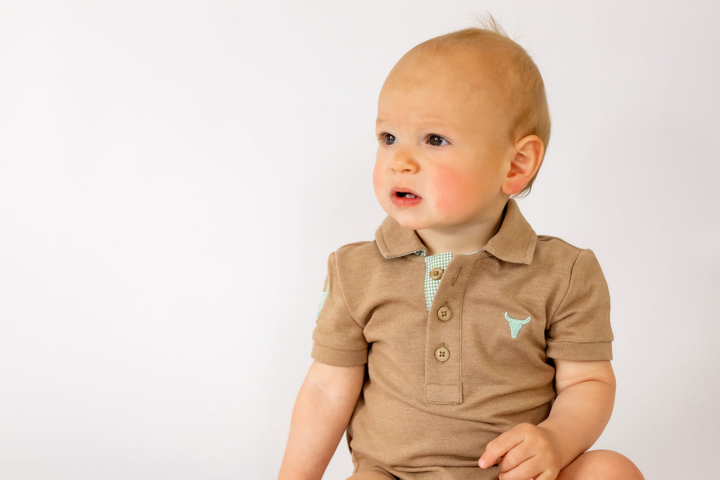 "Clay Baby" Caramel Baby Polo Romper-Little Windmill Clothing Co