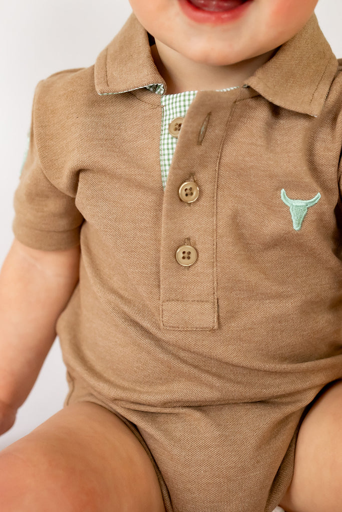 "Clay Baby" Caramel Baby Polo Romper-Little Windmill Clothing Co