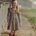 Miley horse print chocolate dress front view showing beautiful chocolate horse print women's dress