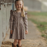 Miley horse print chocolate dress front view showing beautiful chocolate horse print women's dress