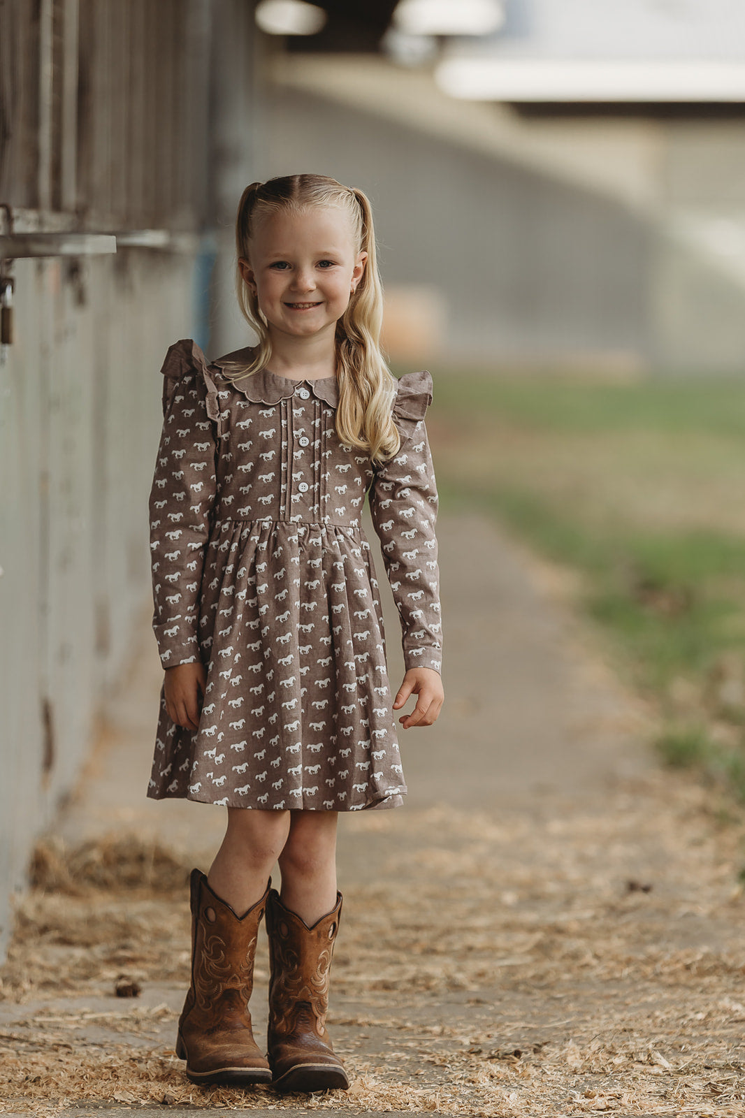 Miley horse print chocolate dress front view showing beautiful chocolate horse print women's dress
