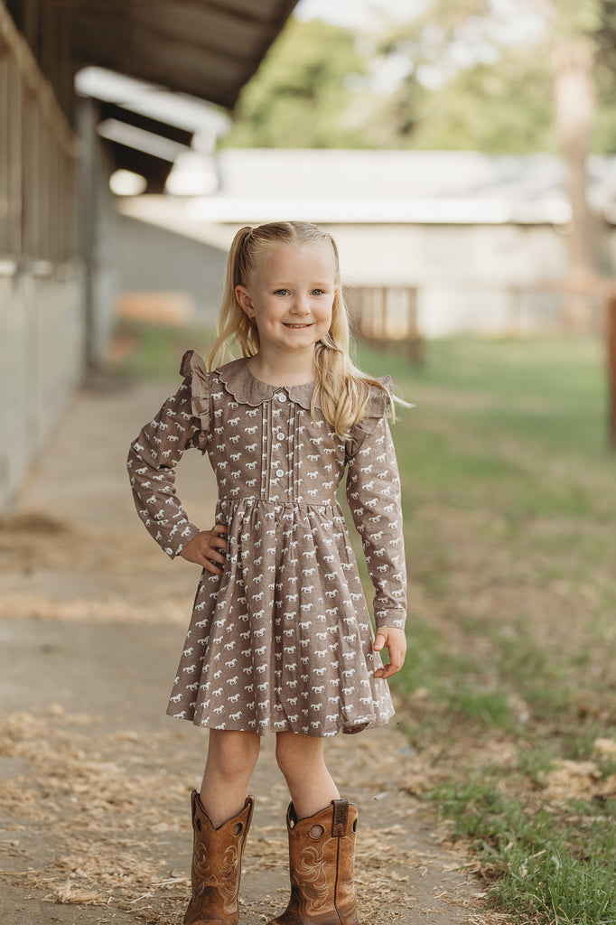 "Tina" Horse Print Caramel Look Dress-Little Windmill Clothing Co