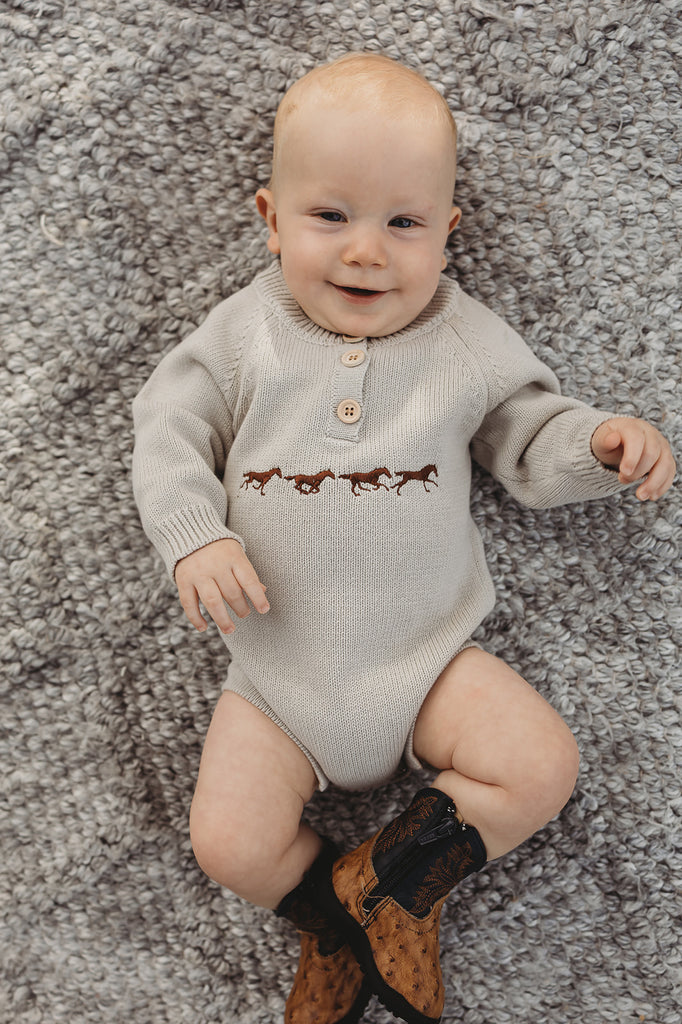 "Morgan" Chocolate Pop Cotton Knit Romper-Little Windmill Clothing Co