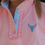 Keira baby pink polo button placket detail showing classic women's polo finishing