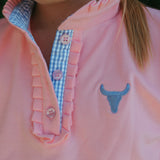 Keira baby pink polo button placket detail showing classic women's polo finishing