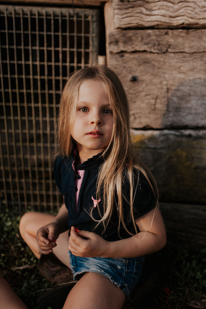 "Leah" Classic Navy Ruffle Polo-Little Windmill Clothing Co