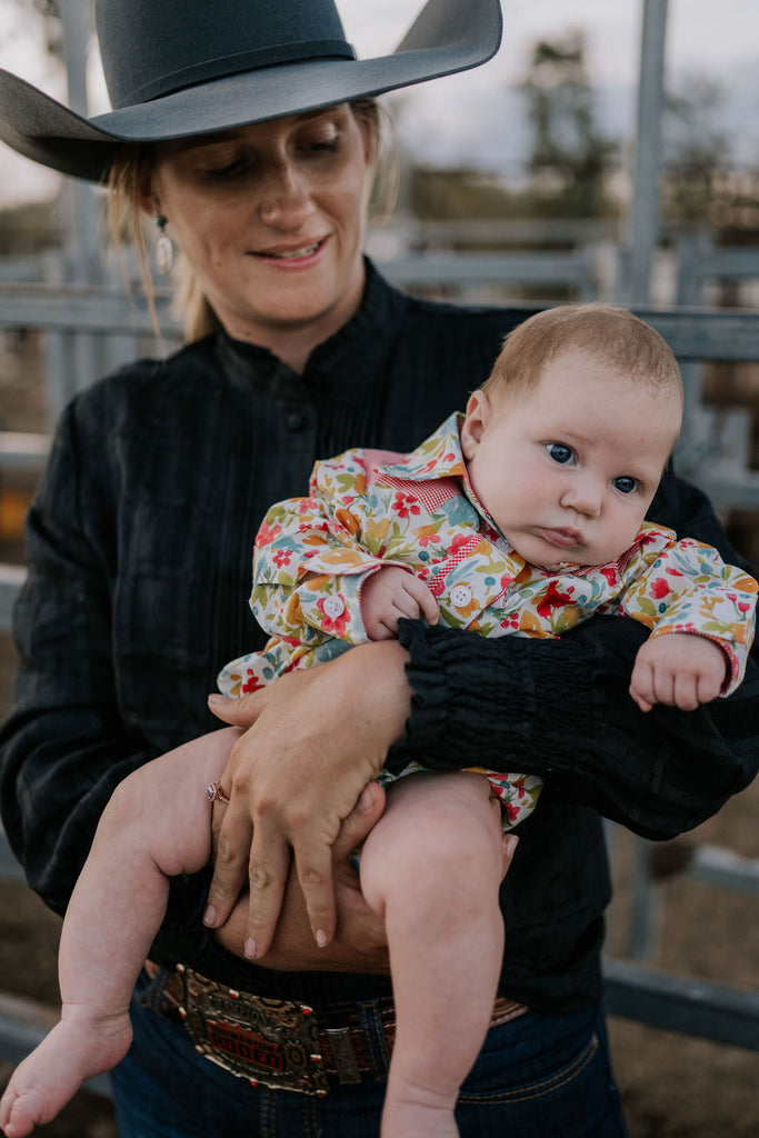 "Kelly Baby" Retro Floral Western Yoke Collar Long Sleeve Romper-Little Windmill Clothing Co