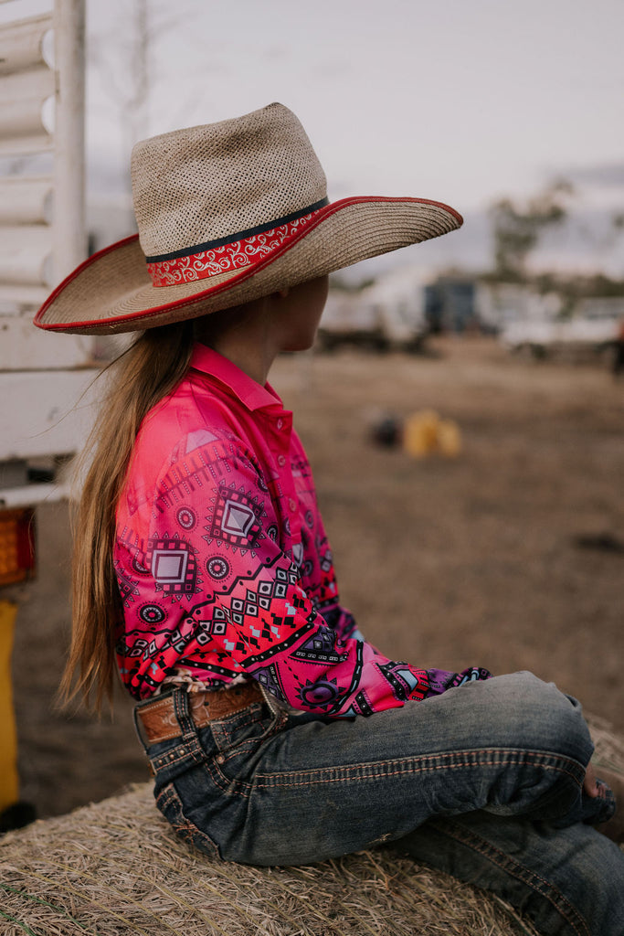 "The Drover" Aztec Pink Fishing Long Sleeve Shirt-Little Windmill Clothing Co