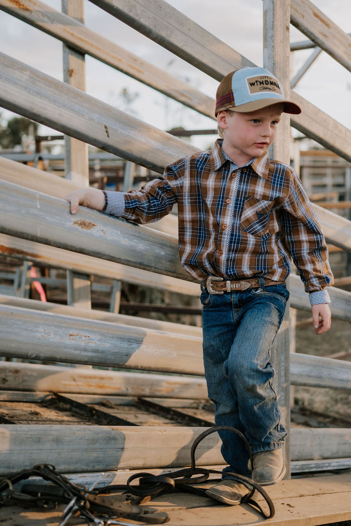 "TJ Jnr" Brown Checked Long Sleeve Shirt-Little Windmill Clothing Co