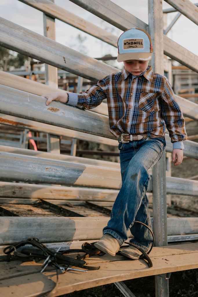 "TJ Jnr" Brown Checked Long Sleeve Shirt-Little Windmill Clothing Co