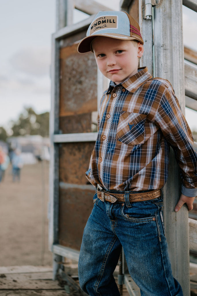 "TJ Jnr" Brown Checked Long Sleeve Shirt-Little Windmill Clothing Co