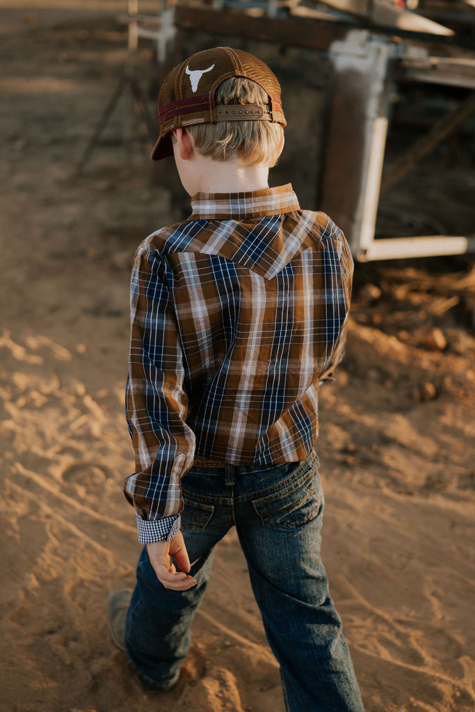 "TJ Jnr" Brown Checked Long Sleeve Shirt-Little Windmill Clothing Co