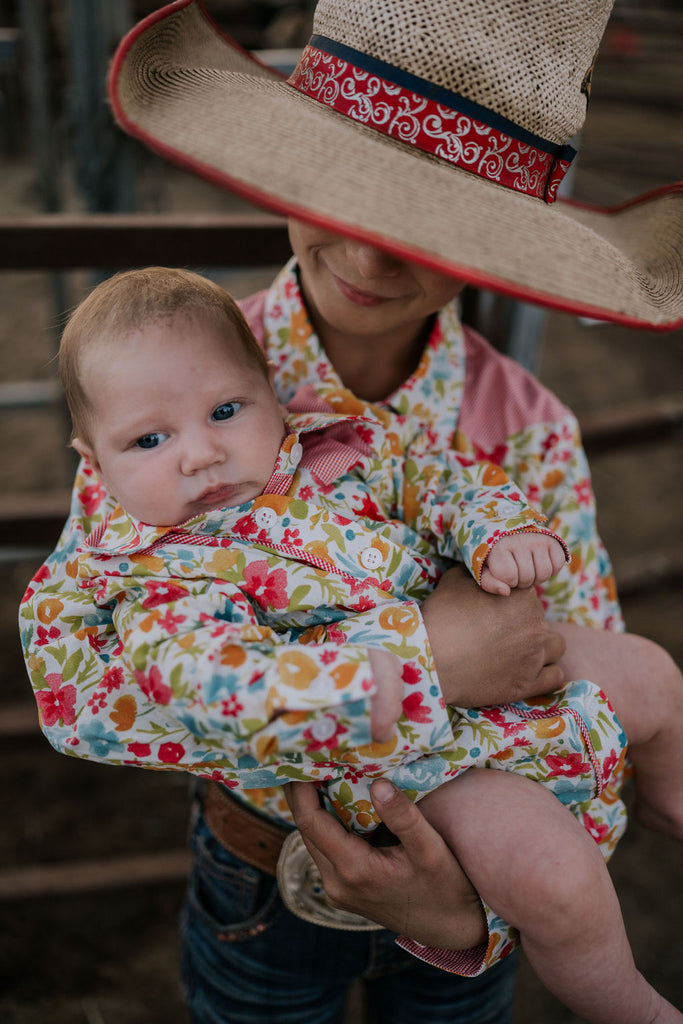 "Kelly Baby" Retro Floral Western Yoke Collar Long Sleeve Romper-Little Windmill Clothing Co