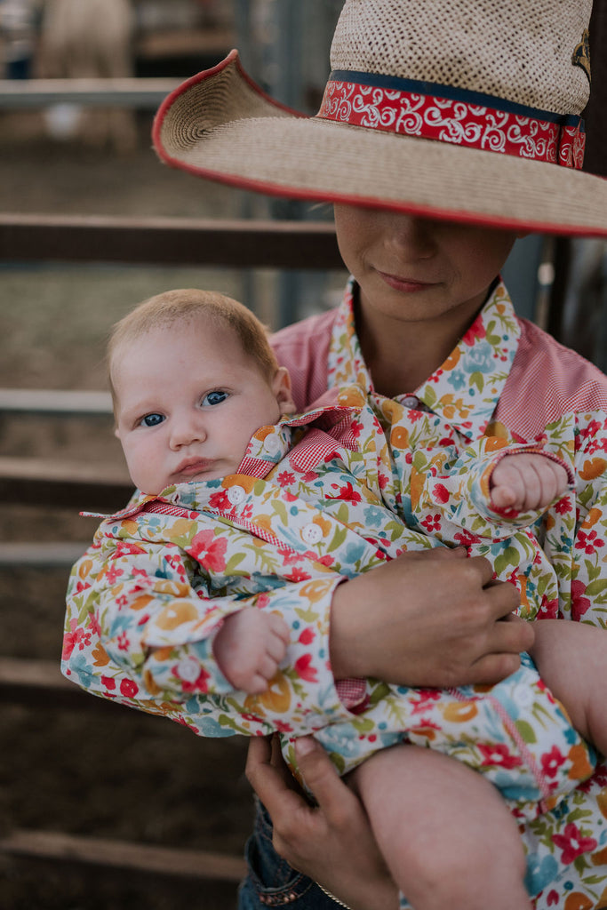 "Kelly Baby" Retro Floral Western Yoke Collar Long Sleeve Romper-Little Windmill Clothing Co