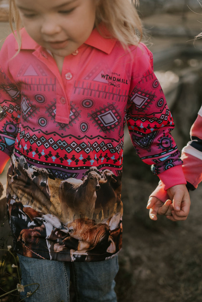 "The Drover" Aztec Pink Fishing Long Sleeve Shirt-Little Windmill Clothing Co