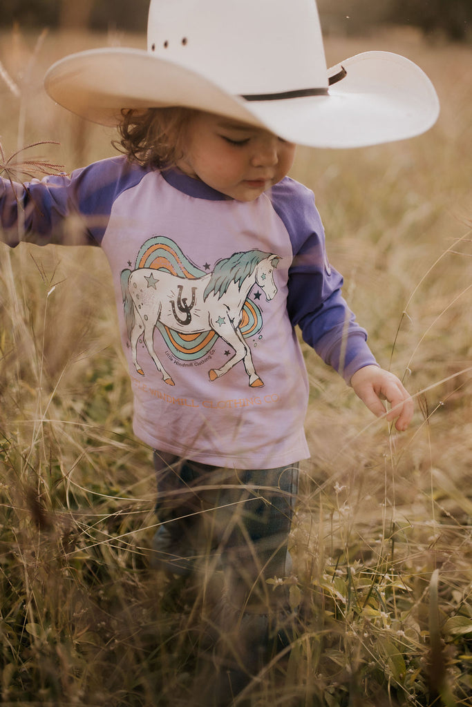 "Mia" Purple Horse Girl Long Sleeve Graphic Tee-Little Windmill Clothing Co