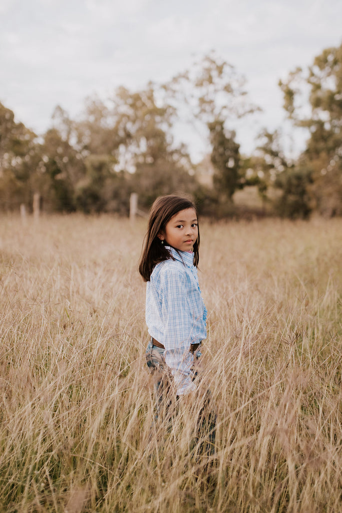 "Remi" Girls Soft Blue Checked Ruffle Fronted Shirt-Little Windmill Clothing Co