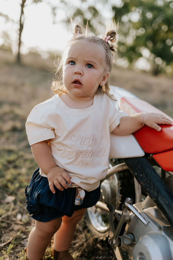 "Monica" Denim Baby Bloomers With Check Tie-Little Windmill Clothing Co