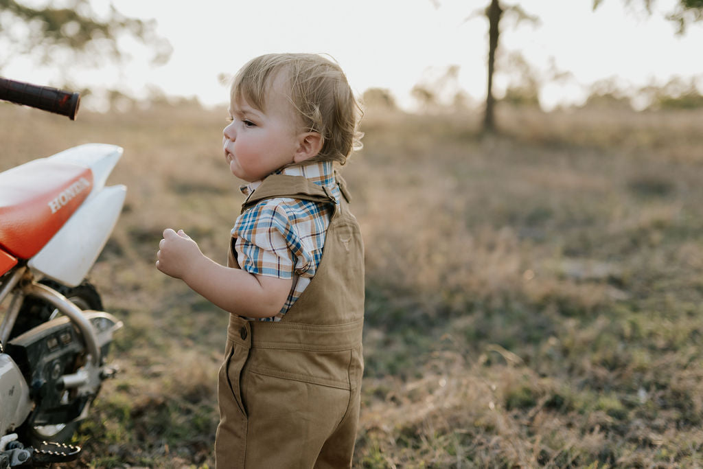 "Austin" Checked Tan Short Sleeve Shirt-Little Windmill Clothing Co