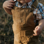 Blaze brown overalls bib pocket detail showing quality denim construction
