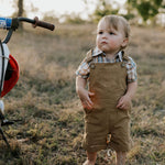 Blaze brown overalls front view showing classic brown denim overalls for kids