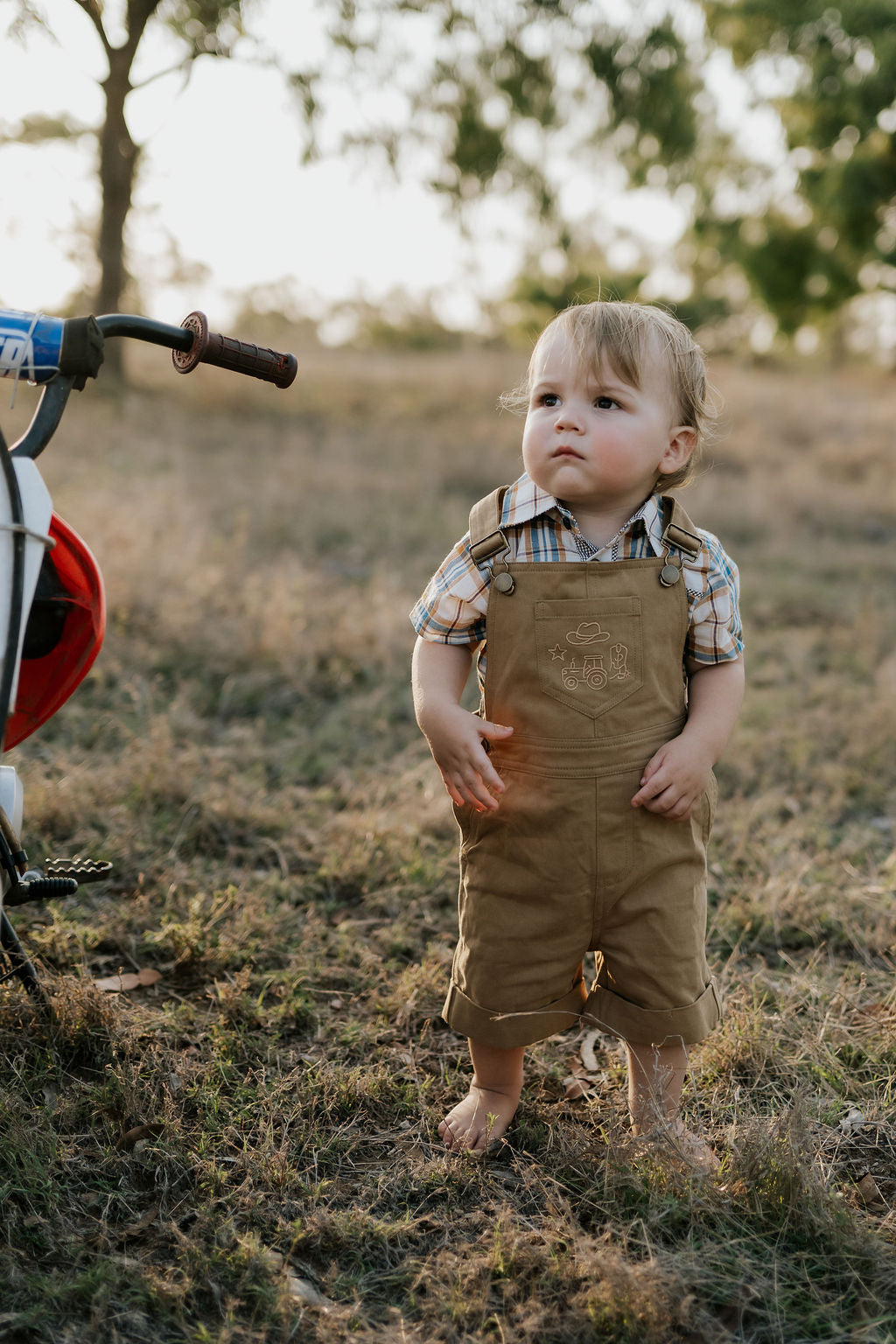 Blaze brown overalls front view showing classic brown denim overalls for kids