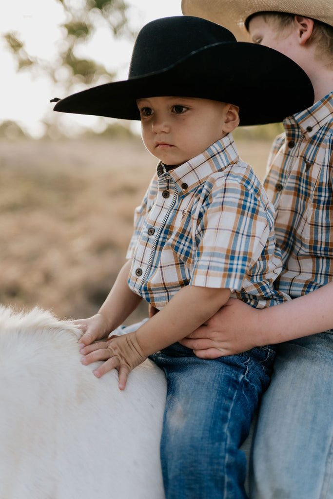 "Austin" Checked Tan Short Sleeve Shirt-Little Windmill Clothing Co