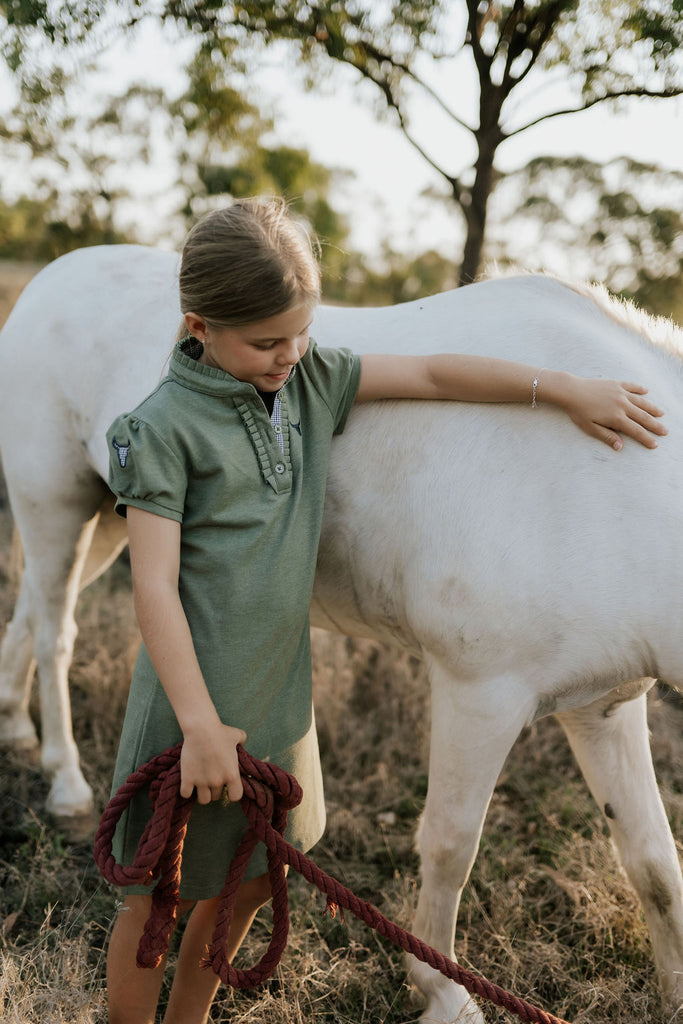"Kathy" Girls Khaki Polo Dress-Little Windmill Clothing Co