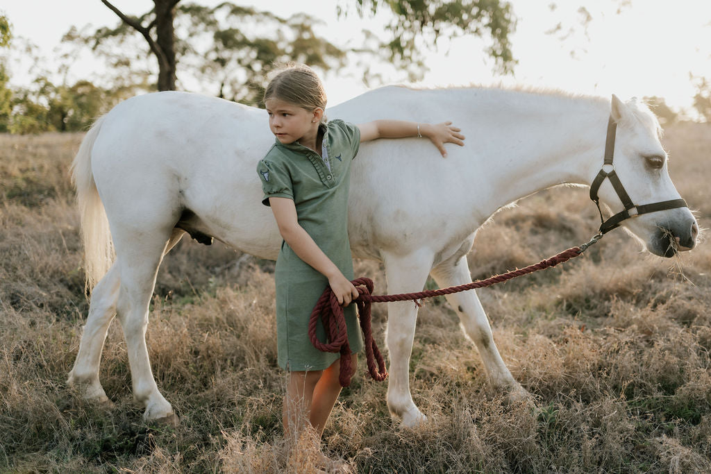 "Kathy" Girls Khaki Polo Dress-Little Windmill Clothing Co